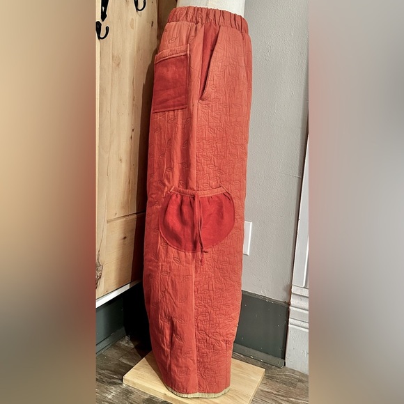 NEW Rust Red Orange Leaf Embroidered Boho Quilted Wide Leg Pants Fall Favorite. - Picture 3 of 5